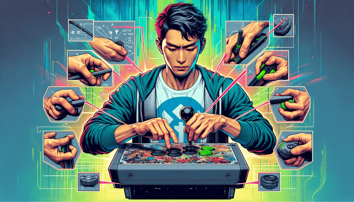 Illustration of a focused man using a fight stick controller for gaming, surrounded by dynamic virtual screens displaying various hand movements.