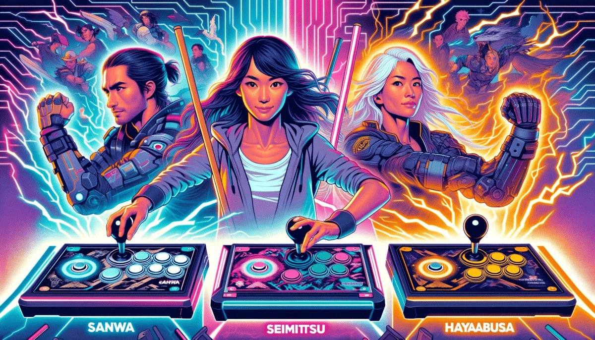 Vibrant illustration of three people using arcade fight sticks, with neon-lit digital art style and dynamic energy effects.