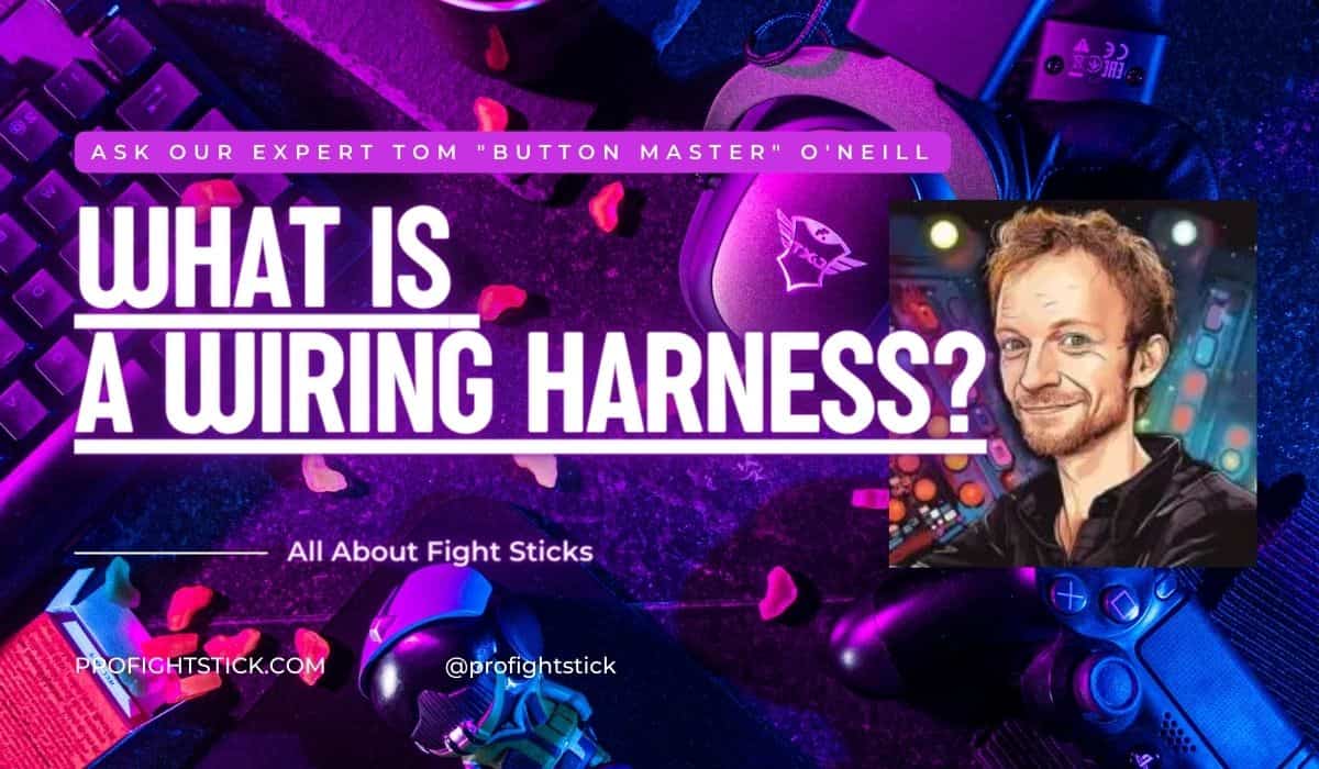 Expert Tom O'Neill explains What is a Wiring Harness? next to gaming fight sticks and purple LED lights.