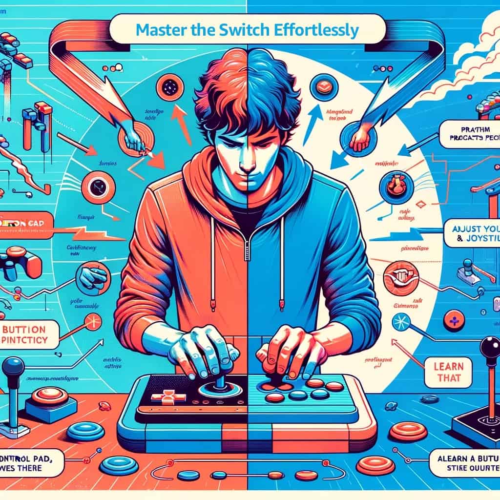Illustration of a focused man using an arcade joystick and buttons with educational overlays about gaming techniques.